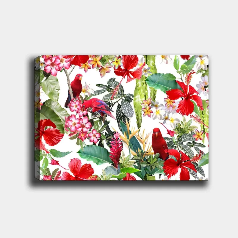 Lerretsbilde 70x100 cm - Fargerik tropisk flora med røde papegøyer og blomster, Rød / Grønn / Rosa