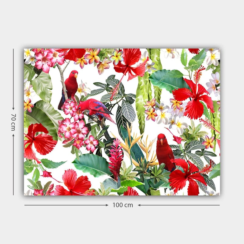 Lerretsbilde 70x100 cm - Fargerik tropisk flora med røde papegøyer og blomster - Rød / Grønn / Rosa - Innredning - Bilder & kunst - Lerretsbilder