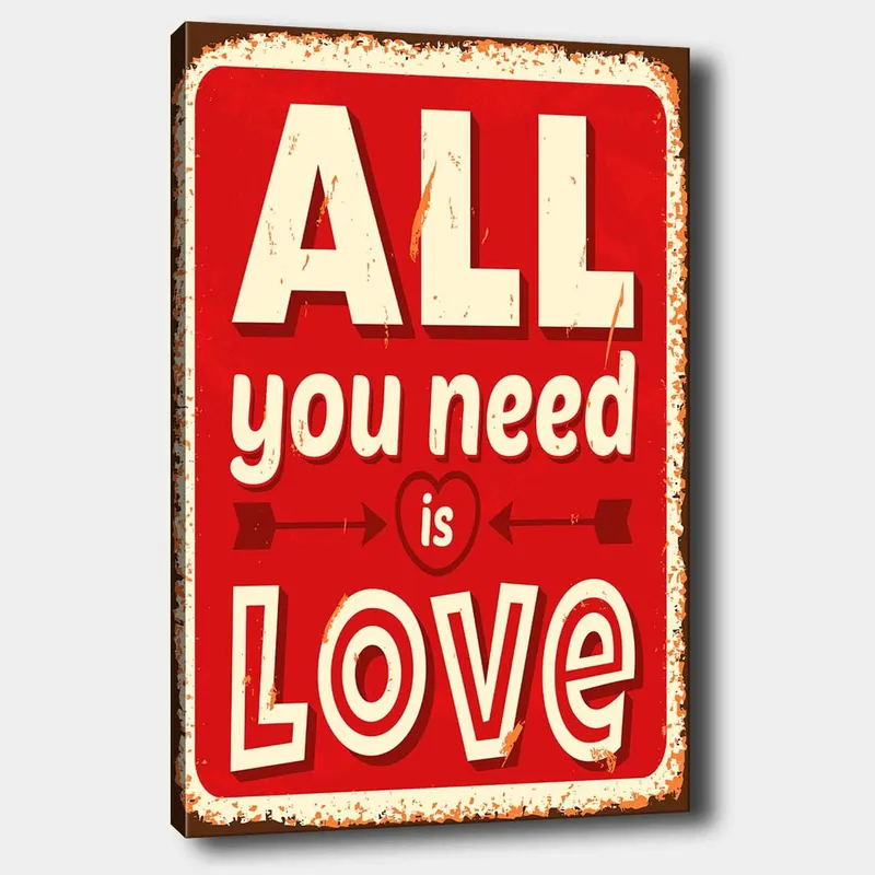 Lerretsbilde 70x100 cm - Fargerik trykk med teksten ALL you need is LOVE som uttrykker kjærlighet og positivitet, Rød / Hvit / Svart