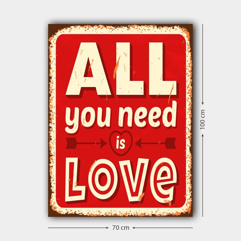 Lerretsbilde 70x100 cm - Fargerik trykk med teksten ALL you need is LOVE som uttrykker kjærlighet og positivitet - Rød / Hvit / Svart - Innredning - Bilder & kunst - Lerretsbilder