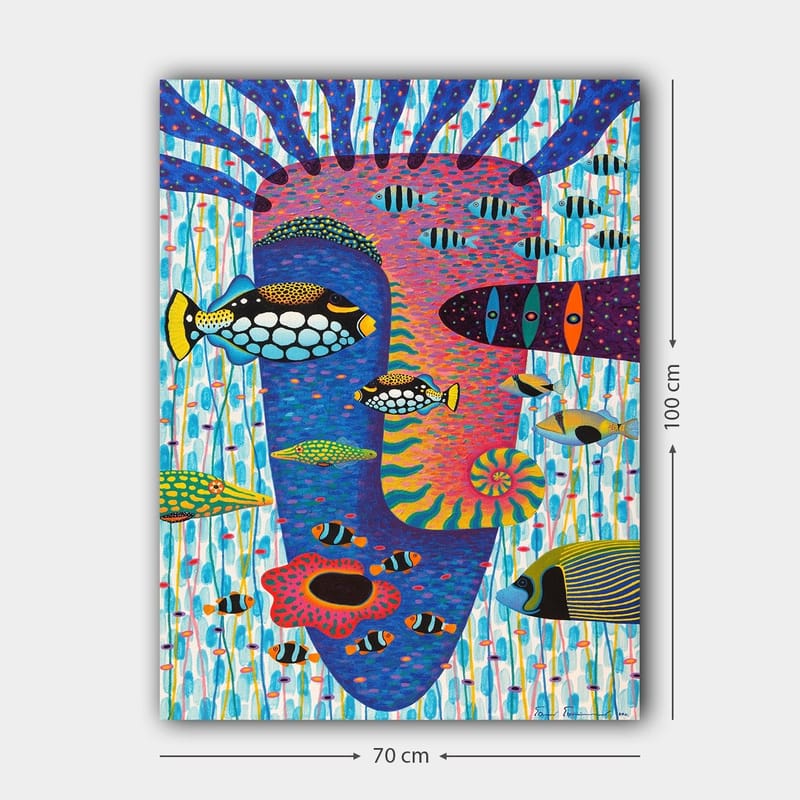 Lerretsbilde 70x100 cm - Fargerik undervannsscene med forskjellige fisker og et ansiktsmotiv i bakgrunnen - Blå / Rosa / Gul - Innredning - Bilder & kunst - Lerretsbilder