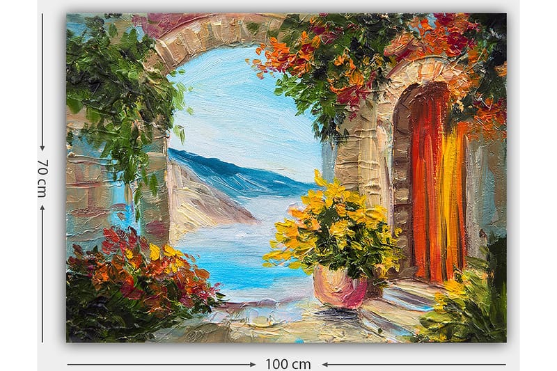 Lerretsbilde 70x100 cm - Fargerik utsikt gjennom en bue med blomster og hav i bakgrunnen - Blå / Oransje / Grønn - Innredning - Bilder & kunst - Lerretsbilder