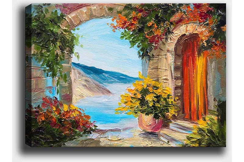 Lerretsbilde 70x100 cm - Fargerik utsikt gjennom en bue med blomster og hav i bakgrunnen - Blå / Oransje / Grønn - Innredning - Bilder & kunst - Lerretsbilder