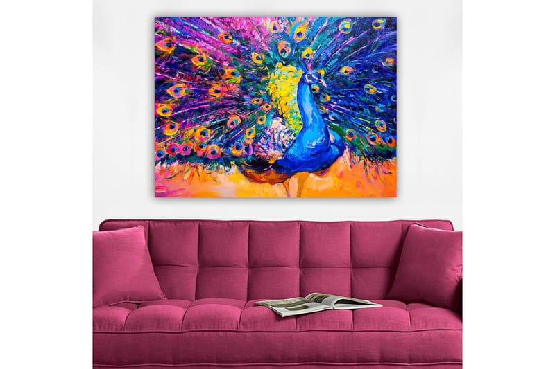 Lerretsbilde 70x100 cm - Fargerik påfugl med spredte fjær som skaper en dramatisk effekt - Blå / Lilla / Gul - Innredning - Bilder & kunst - Lerretsbilder