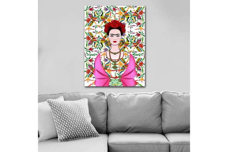 Lerretsbilde 70x100 cm - Fargerik portrett av en kvinne iført tradisjonelle meksikanske klær og blomster i håret, omgitt av en livlig bakgrunn med fugler og blomster - Rosa / Grønn / Rød - Innredning - Bilder & kunst - Lerretsbilder