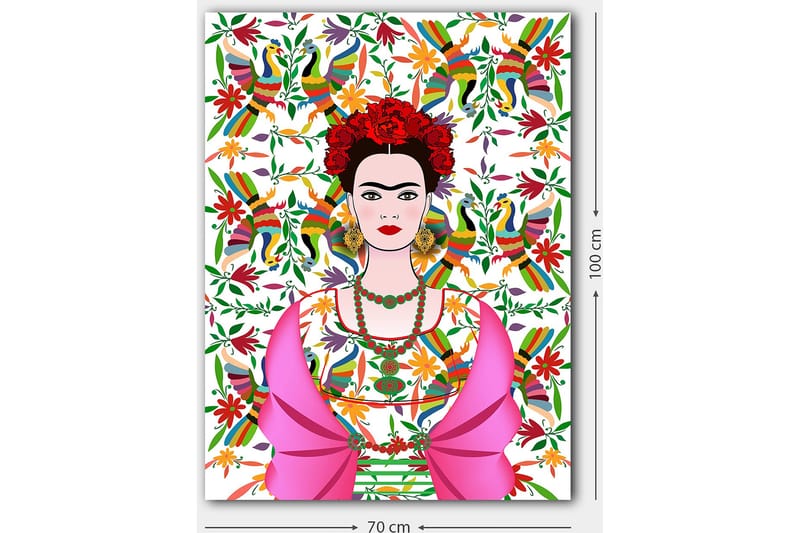 Lerretsbilde 70x100 cm - Fargerik portrett av en kvinne iført tradisjonelle meksikanske klær og blomster i håret, omgitt av en livlig bakgrunn med fugler og blomster - Rosa / Grønn / Rød - Innredning - Bilder & kunst - Lerretsbilder