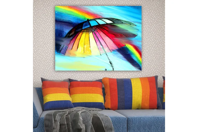 Lerretsbilde 70x100 cm - Fargerik paraply med regnbue i bakgrunnen - Rød / Gul / Blå - Innredning - Bilder & kunst - Lerretsbilder