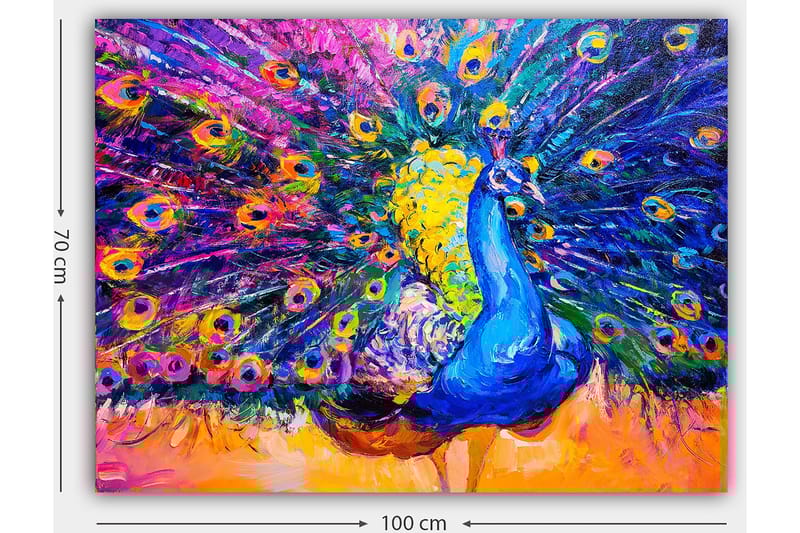 Lerretsbilde 70x100 cm - Fargerik påfugl med spredte fjær som skaper en dramatisk effekt - Blå / Lilla / Gul - Innredning - Bilder & kunst - Lerretsbilder