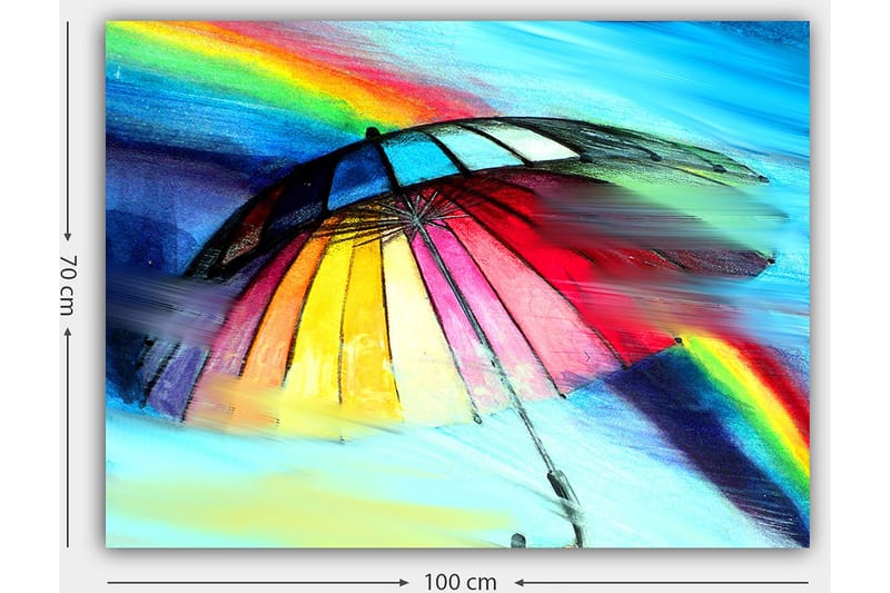 Lerretsbilde 70x100 cm - Fargerik paraply med regnbue i bakgrunnen - Rød / Gul / Blå - Innredning - Bilder & kunst - Lerretsbilder