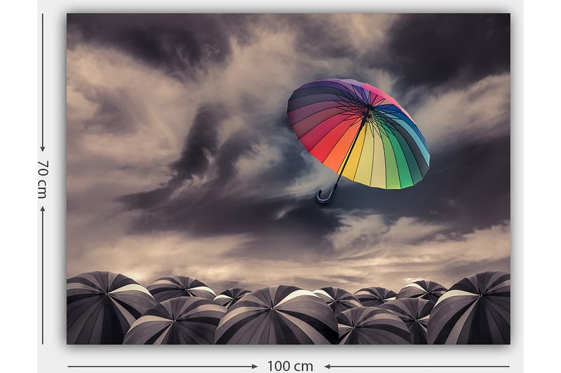 Lerretsbilde 70x100 cm - Fargerik paraply svever over en samling grå paraplyer under en dramatisk overskyet himmel - Regnbuefarger / Grå - Innredning - Bilder & kunst - Lerretsbilder
