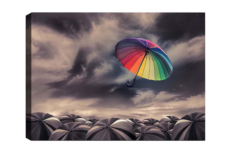 Lerretsbilde 70x100 cm - Fargerik paraply svever over en samling grå paraplyer under en dramatisk overskyet himmel, Regnbuefarger / Grå