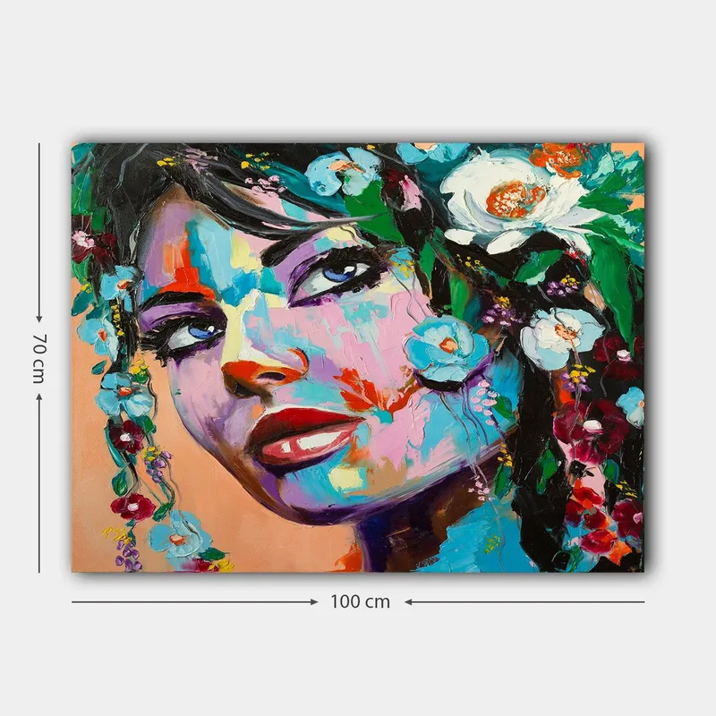 Lerretsbilde 70x100 cm - Fargerik portrettmaleri av en kvinne med blomster i håret - Blå / Rød / Grønn - Innredning - Bilder & kunst - Lerretsbilder