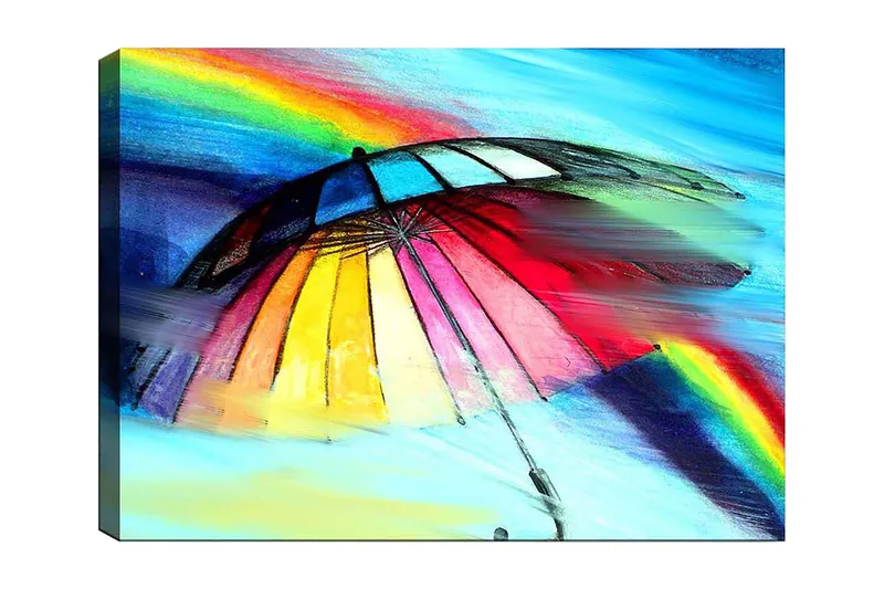 Lerretsbilde 70x100 cm - Fargerik paraply med regnbue i bakgrunnen, Rød / Gul / Blå