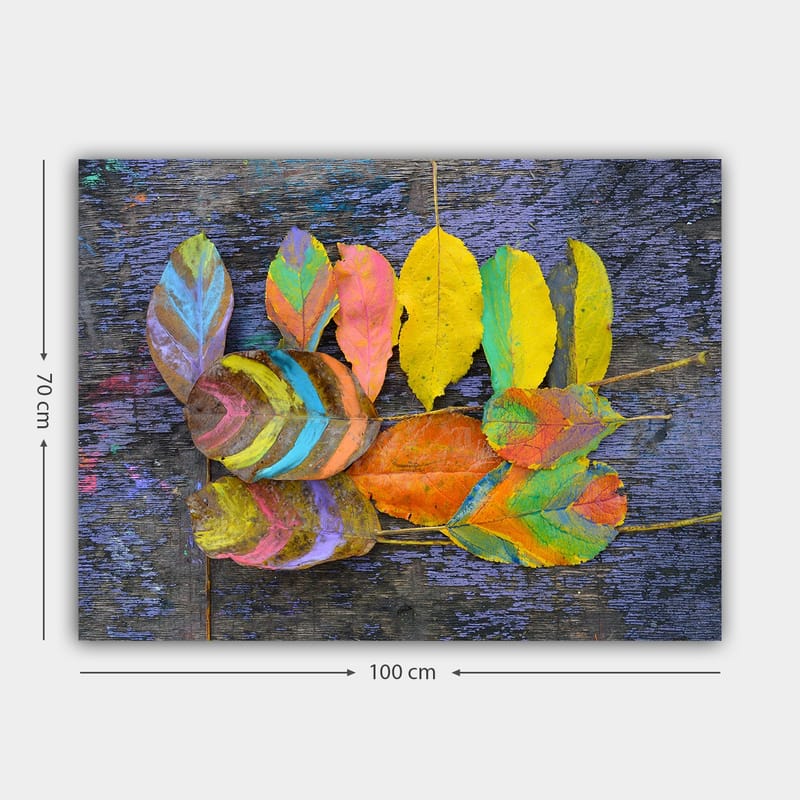 Lerretsbilde 70x100 cm - Fargerike blader arrangert på en mørk bakgrunn - Gul / Oransje / Grønn - Innredning - Bilder & kunst - Lerretsbilder