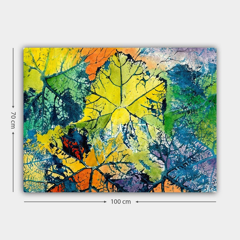 Lerretsbilde 70x100 cm - Fargerike blader i forskjellige nyanser som skaper en levende og abstrakt komposisjon - Gul / Grønn / Oransje - Innredning - Bilder & kunst - Lerretsbilder