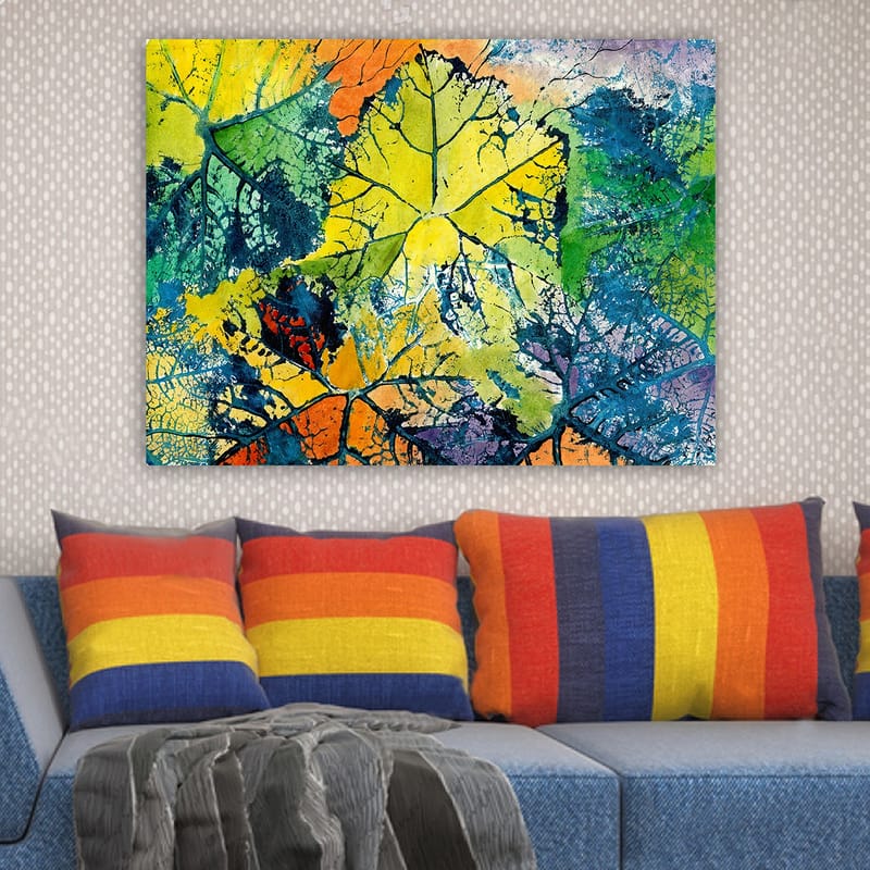 Lerretsbilde 70x100 cm - Fargerike blader i forskjellige nyanser som skaper en levende og abstrakt komposisjon - Gul / Grønn / Oransje - Innredning - Bilder & kunst - Lerretsbilder