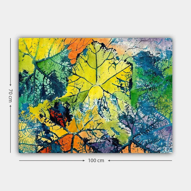 Lerretsbilde 70x100 cm - Fargerike blader i forskjellige nyanser som skaper en levende og abstrakt komposisjon - Gul / Grønn / Oransje - Innredning - Bilder & kunst - Lerretsbilder