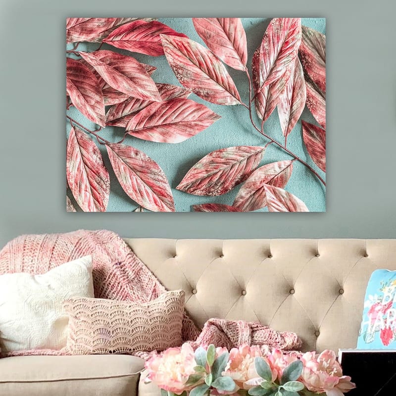 Lerretsbilde 70x100 cm - Fargerike blader i rosa og røde nyanser mot en lyseblå bakgrunn - Rosa / Lys blå - Innredning - Bilder & kunst - Lerretsbilder