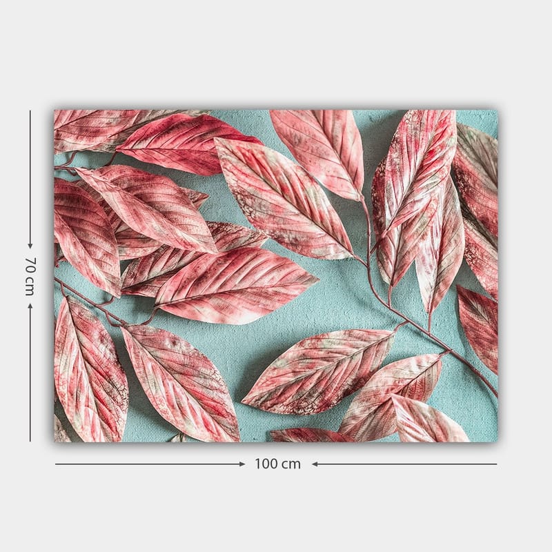 Lerretsbilde 70x100 cm - Fargerike blader i rosa og røde nyanser mot en lyseblå bakgrunn - Rosa / Lys blå - Innredning - Bilder & kunst - Lerretsbilder