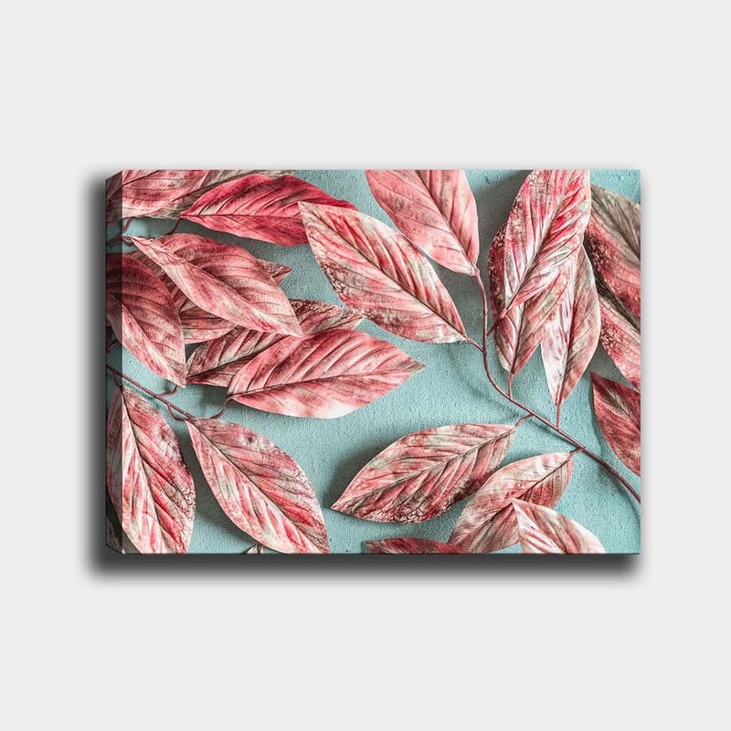 Lerretsbilde 70x100 cm - Fargerike blader i rosa og røde nyanser mot en lyseblå bakgrunn, Rosa / Lys blå