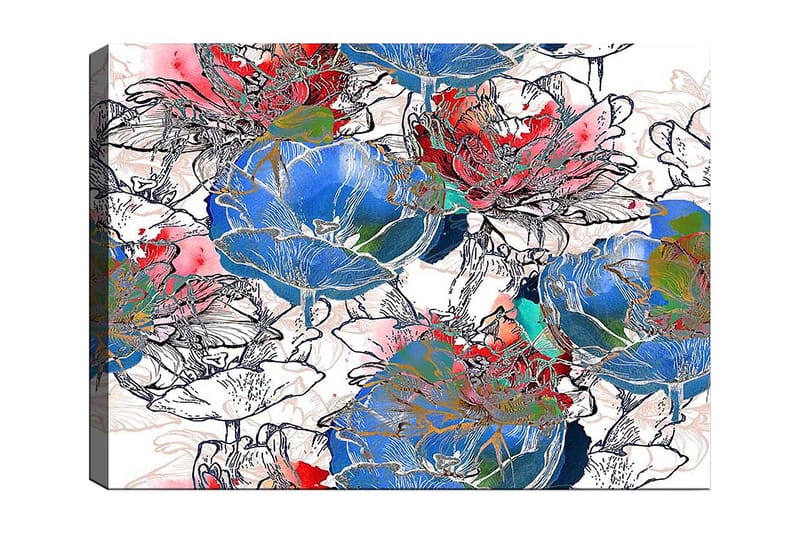 Lerretsbilde 70x100 cm - Fargerike blomster i en livlig komposisjon, Blå / Rød / Grønn