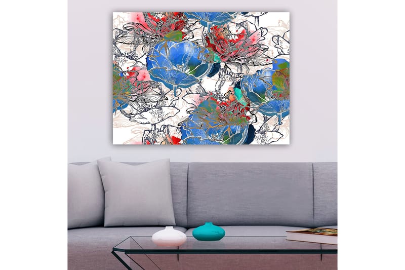 Lerretsbilde 70x100 cm - Fargerike blomster i en livlig komposisjon - Blå / Rød / Grønn - Innredning - Bilder & kunst - Lerretsbilder