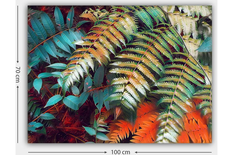 Lerretsbilde 70x100 cm - Fargerike bregneblader i en livlig komposisjon - Turkis / Grønn / Oransje - Innredning - Bilder & kunst - Lerretsbilder