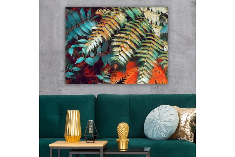 Lerretsbilde 70x100 cm - Fargerike bregneblader i en livlig komposisjon - Turkis / Grønn / Oransje - Innredning - Bilder & kunst - Lerretsbilder