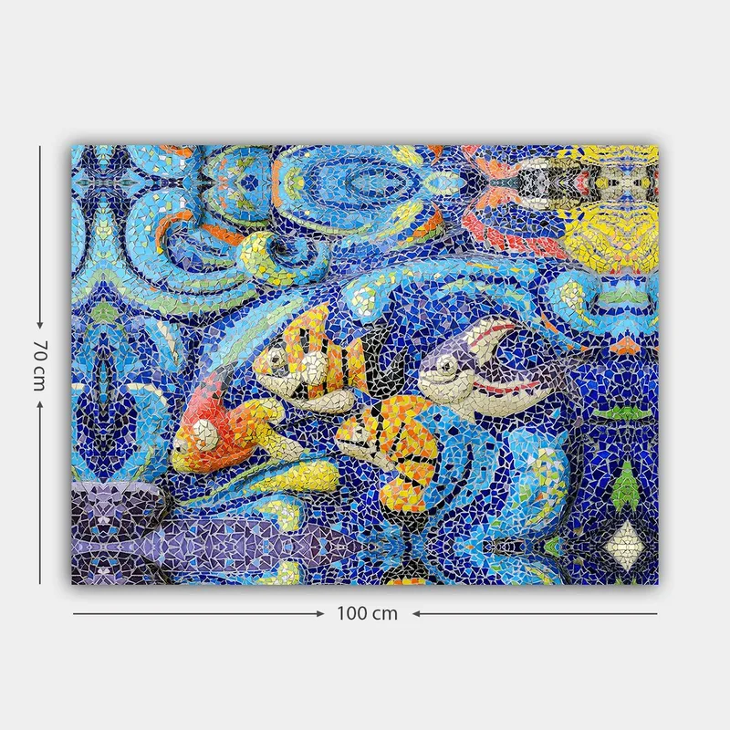 Lerretsbilde 70x100 cm - Fargerike fisker svømmer i et livlig undervannsmiljø - Blå / Oransje / Gul - Innredning - Bilder & kunst - Lerretsbilder