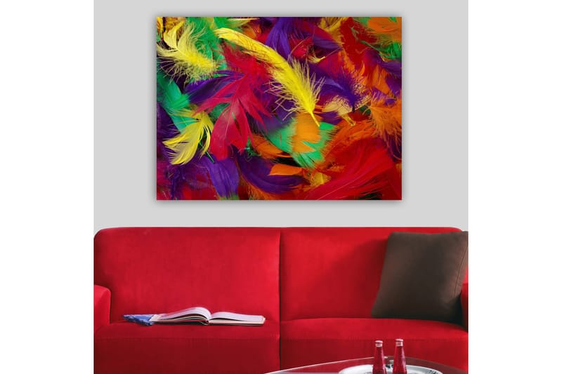 Lerretsbilde 70x100 cm - Fargerike fjær i en livlig komposisjon - Rød / Gul / Grønn - Innredning - Bilder & kunst - Lerretsbilder