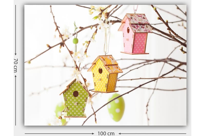 Lerretsbilde 70x100 cm - Fargerike fuglehus hengende i grener med blomster - Grønn / Gul / Rosa - Innredning - Bilder & kunst - Lerretsbilder