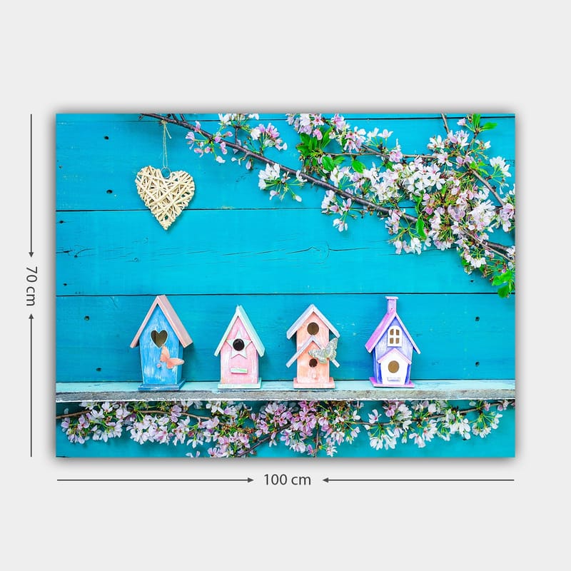 Lerretsbilde 70x100 cm - Fargerike fuglehus på blå bakgrunn med blomster som dekorasjon - Blå / Rosa / Hvit - Innredning - Bilder & kunst - Lerretsbilder