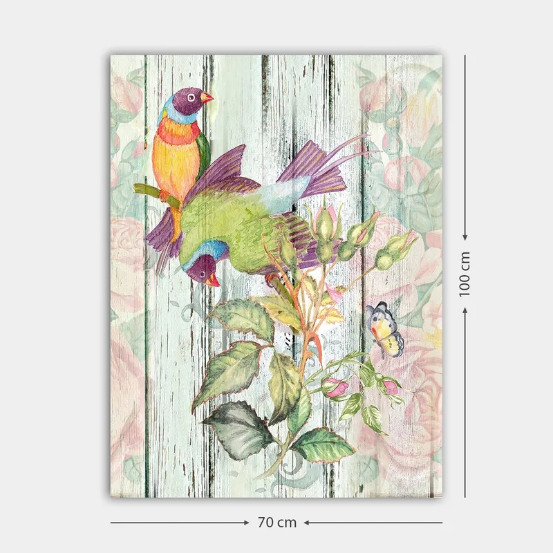Lerretsbilde 70x100 cm - Fargerike fugler som sitter på en blomstrende gren - Grønn / Blå / Oransje - Innredning - Bilder & kunst - Lerretsbilder