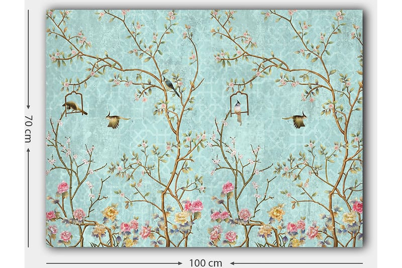 Lerretsbilde 70x100 cm - Fargerike fugler som sitter på grener med blomster mot en lyseblå bakgrunn - Lys blå / Rosa / Brun - Innredning - Bilder & kunst - Lerretsbilder