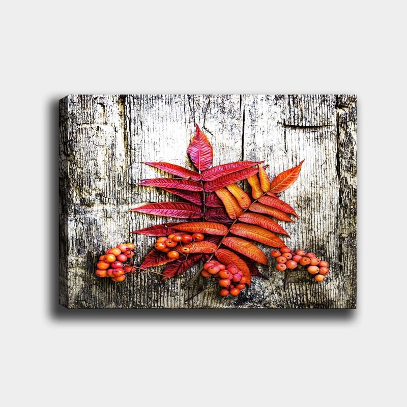 Lerretsbilde 70x100 cm - Fargerike høstblader og bær på en treflate, Rød / Oransje / Gul
