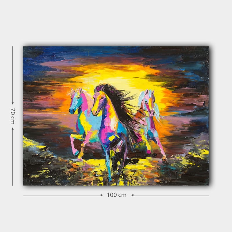 Lerretsbilde 70x100 cm - Fargerike hester som galopperer mot en lys bakgrunn - Rosa / Gul / Blå - Innredning - Bilder & kunst - Lerretsbilder