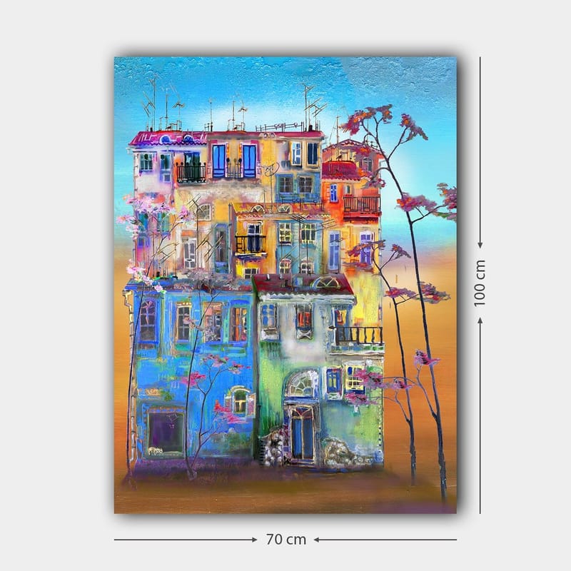 Lerretsbilde 70x100 cm - Fargerike hus i et urbant miljø med blomstrende trær i forgrunnen - Blå / Grønn / Oransje - Innredning - Bilder & kunst - Lerretsbilder