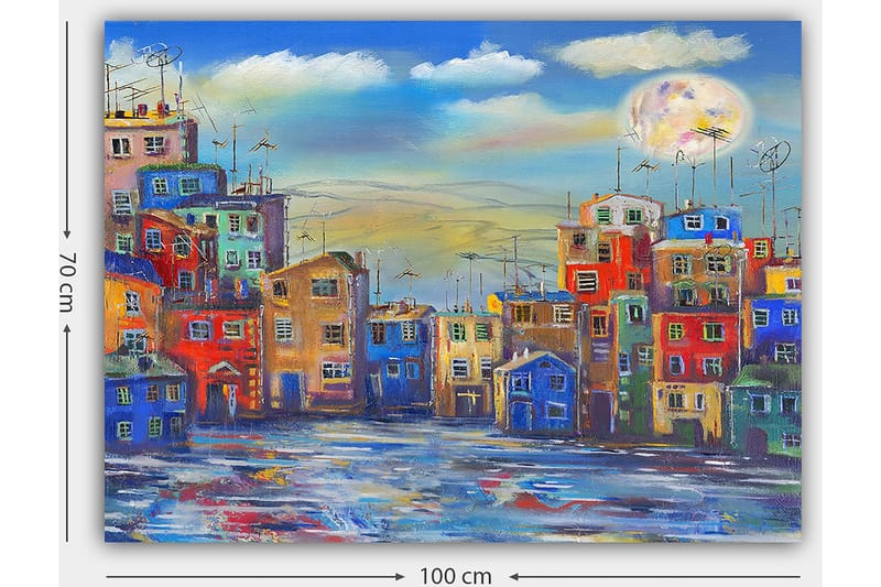 Lerretsbilde 70x100 cm - Fargerike hus i et urbant miljø under en klar himmel med en stor måne - Blå / Rød / Gul - Innredning - Bilder & kunst - Lerretsbilder