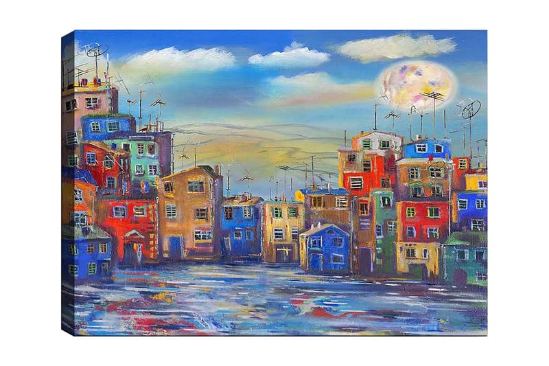 Lerretsbilde 70x100 cm - Fargerike hus i et urbant miljø under en klar himmel med en stor måne, Blå / Rød / Gul
