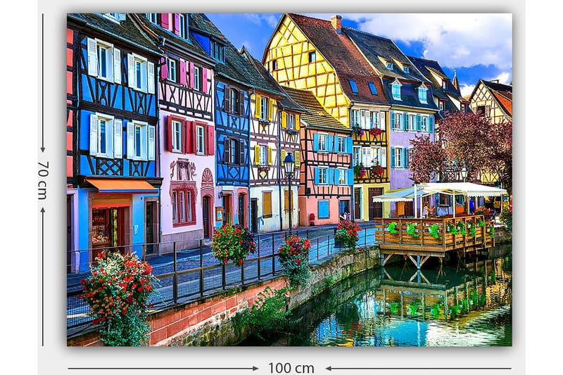 Lerretsbilde 70x100 cm - Fargerike hus langs en kanal i pittoreske urbane omgivelser - Blå / Rosa / Gul - Innredning - Bilder & kunst - Lerretsbilder