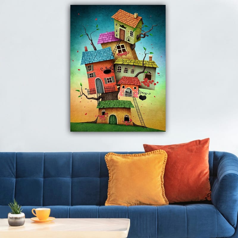 Lerretsbilde 70x100 cm - Fargerike hus som vokser ut av et tre i en fantasifull og leken komposisjon - Rød / Grønn / Blå - Innredning - Bilder & kunst - Lerretsbilder