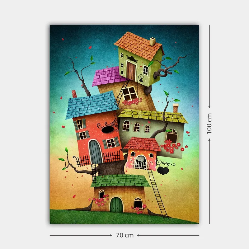Lerretsbilde 70x100 cm - Fargerike hus som vokser ut av et tre i en fantasifull og leken komposisjon - Rød / Grønn / Blå - Innredning - Bilder & kunst - Lerretsbilder