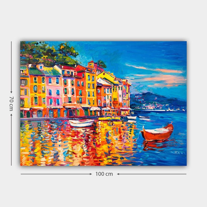 Lerretsbilde 70x100 cm - Fargerike hus ved en havn med båter speilet i vannet - Blå / Oransje / Gul - Innredning - Bilder & kunst - Lerretsbilder