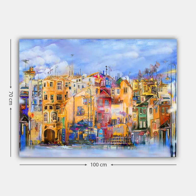 Lerretsbilde 70x100 cm - Fargerike hus ved vannkanten i et livlig bymiljø - Gul / Rød / Blå - Innredning - Bilder & kunst - Lerretsbilder