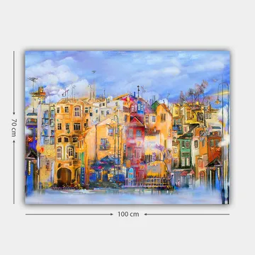 Lerretsbilde 70x100 cm - Fargerike hus ved vannkanten i et livlig bymiljø - Gul / Rød / Blå - Innredning - Bilder & kunst - Lerretsbilder