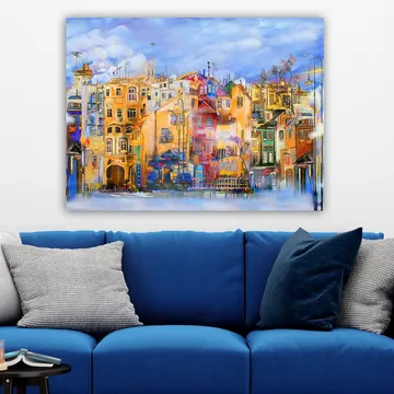 Lerretsbilde 70x100 cm - Fargerike hus ved vannkanten i et livlig bymiljø - Gul / Rød / Blå - Innredning - Bilder & kunst - Lerretsbilder
