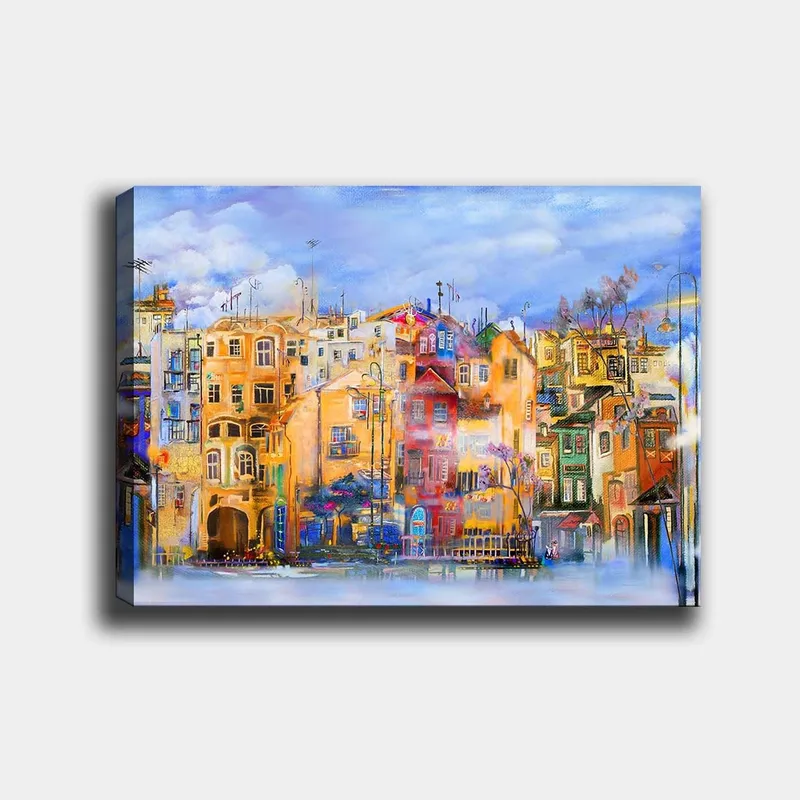 Lerretsbilde 70x100 cm - Fargerike hus ved vannkanten i et livlig bymiljø, Gul / Rød / Blå