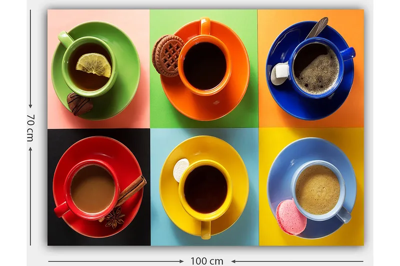 Lerretsbilde 70x100 cm - Fargerike kaffekopper arrangert i et rutete mønster med diverse drikker og tilbehør - Grønn / Rød / Blå - Innredning - Bilder & kunst - Lerretsbilder
