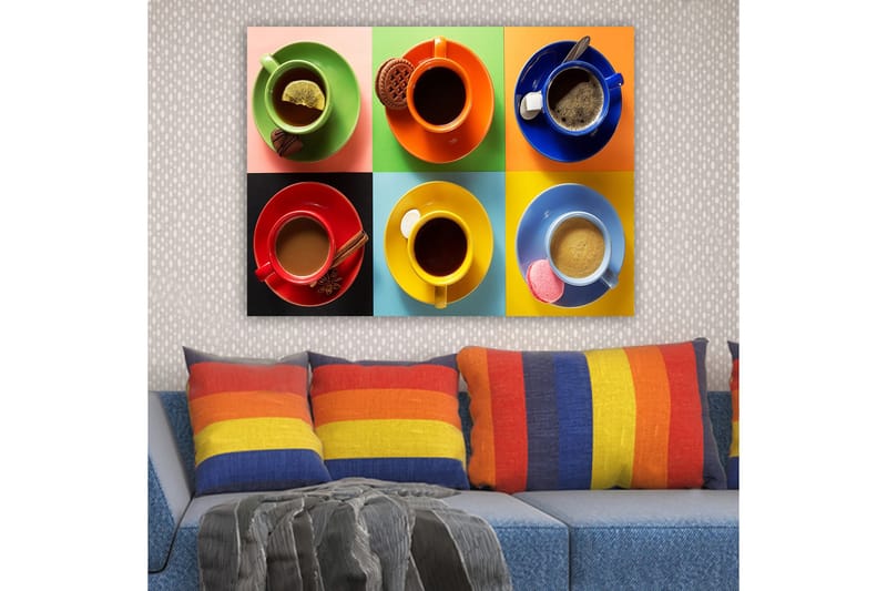 Lerretsbilde 70x100 cm - Fargerike kaffekopper arrangert i et rutete mønster med diverse drikker og tilbehør - Grønn / Rød / Blå - Innredning - Bilder & kunst - Lerretsbilder