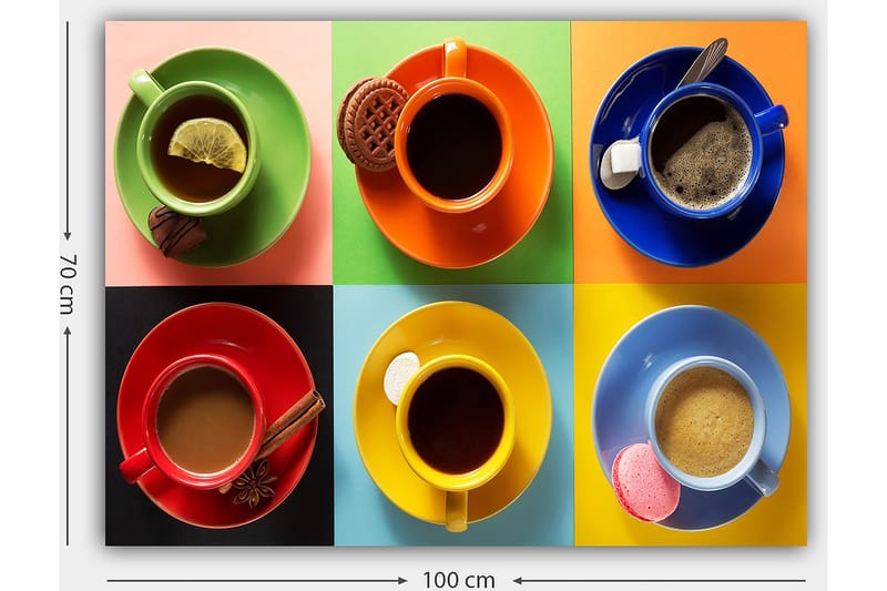Lerretsbilde 70x100 cm - Fargerike kaffekopper arrangert i et rutete mønster med diverse drikker og tilbehør - Grønn / Rød / Blå - Innredning - Bilder & kunst - Lerretsbilder